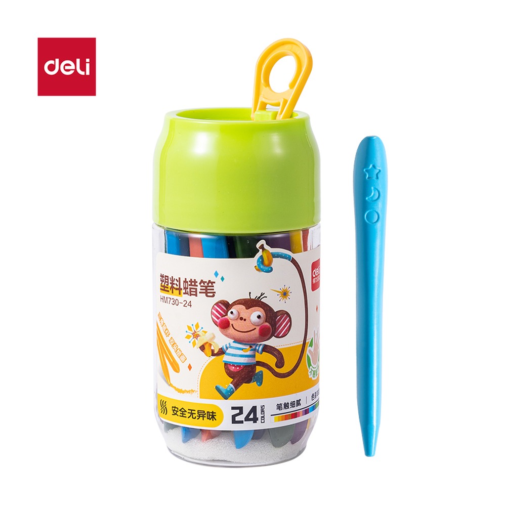 DELI/得力 有点艺思三角杆塑料蜡笔 HM730-24 颜色:混；材质:塑料；包装:24色/桶 单位:筒