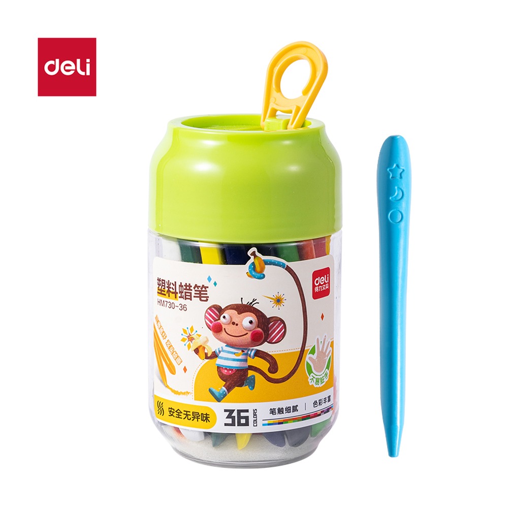 DELI/得力 有点艺思三角杆塑料蜡笔 HM730-36 颜色:混；材质:塑料；包装:36色/桶 单位:筒