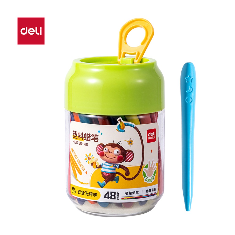 DELI/得力 有点艺思三角杆塑料蜡笔 HM730-48 颜色:混；材质:塑料；包装:48色/桶 单位:筒