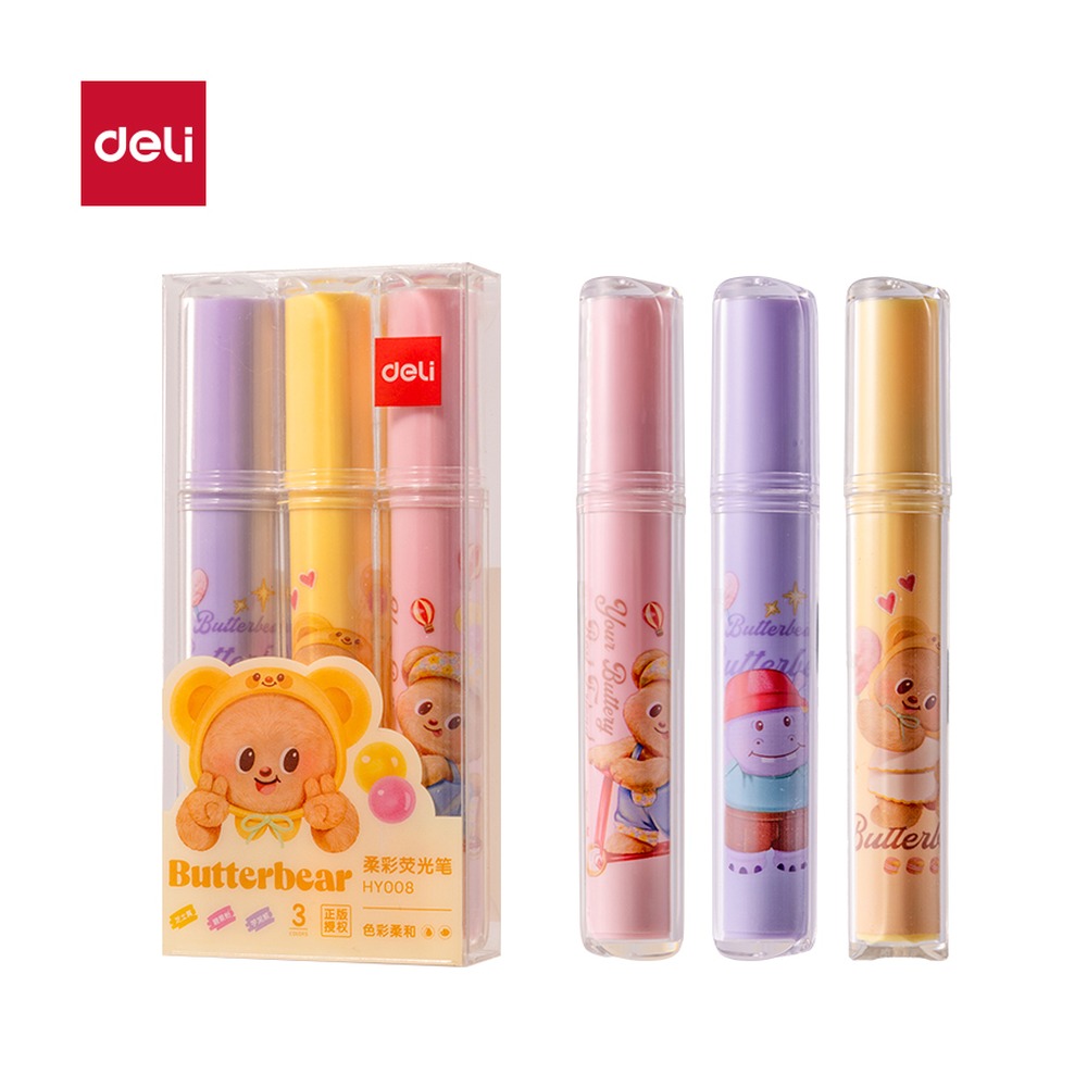 DELI/得力 黄油小熊柔彩荧光笔 HY008 颜色:混；包装:3支/盒 单位:盒