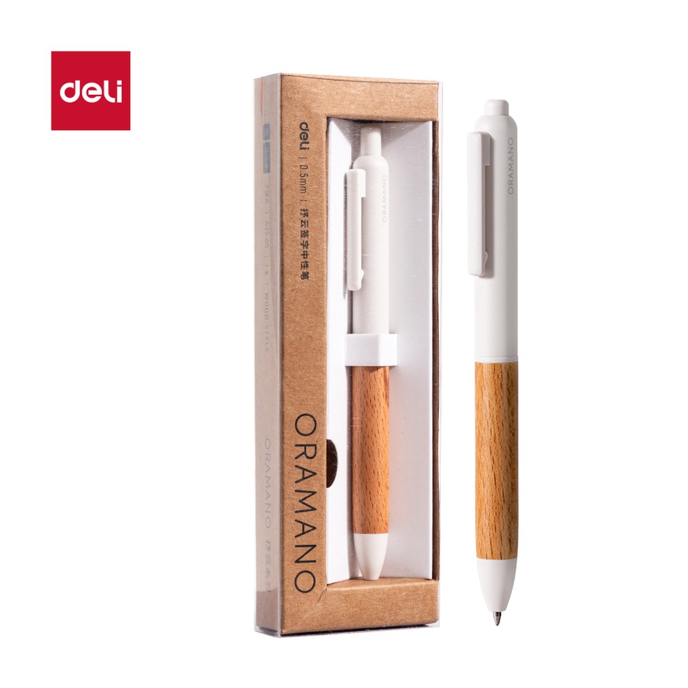 DELI/得力 臻顺滑木纹按动中高档中性笔 A95-05 尺寸:0.5mm；包装:1支/盒；笔芯规格:0.5mm子弹头 单位:盒