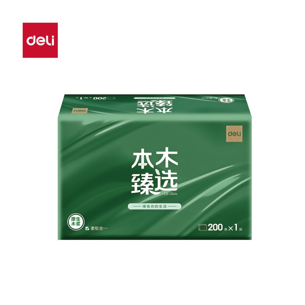 DELI/得力 擦手纸 CC1200-04 颜色:绿；其他:1层200抽 单位:包