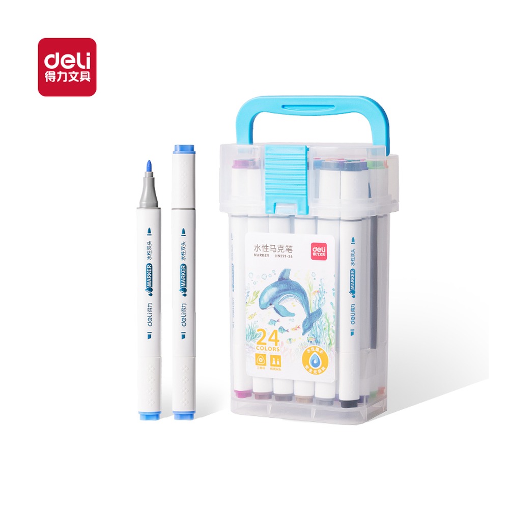 DELI/得力 筒装细三角杆水性马克笔 HM199-24 规格:(17056"105)mm | 和 ay 和；颜色:混；材质:PP；包装:24色/筒；其他:24色；结构:细三角杆 单位:筒