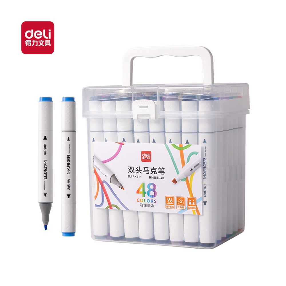 DELI/得力 筒装粗三角杆双头马克笔 HM188-48 规格:(175"140"160) mm 下 7 iN 2 4；颜色:混；材质:PP；包装:48色/筒；其他:48色；结构:粗三角杆 单位:筒