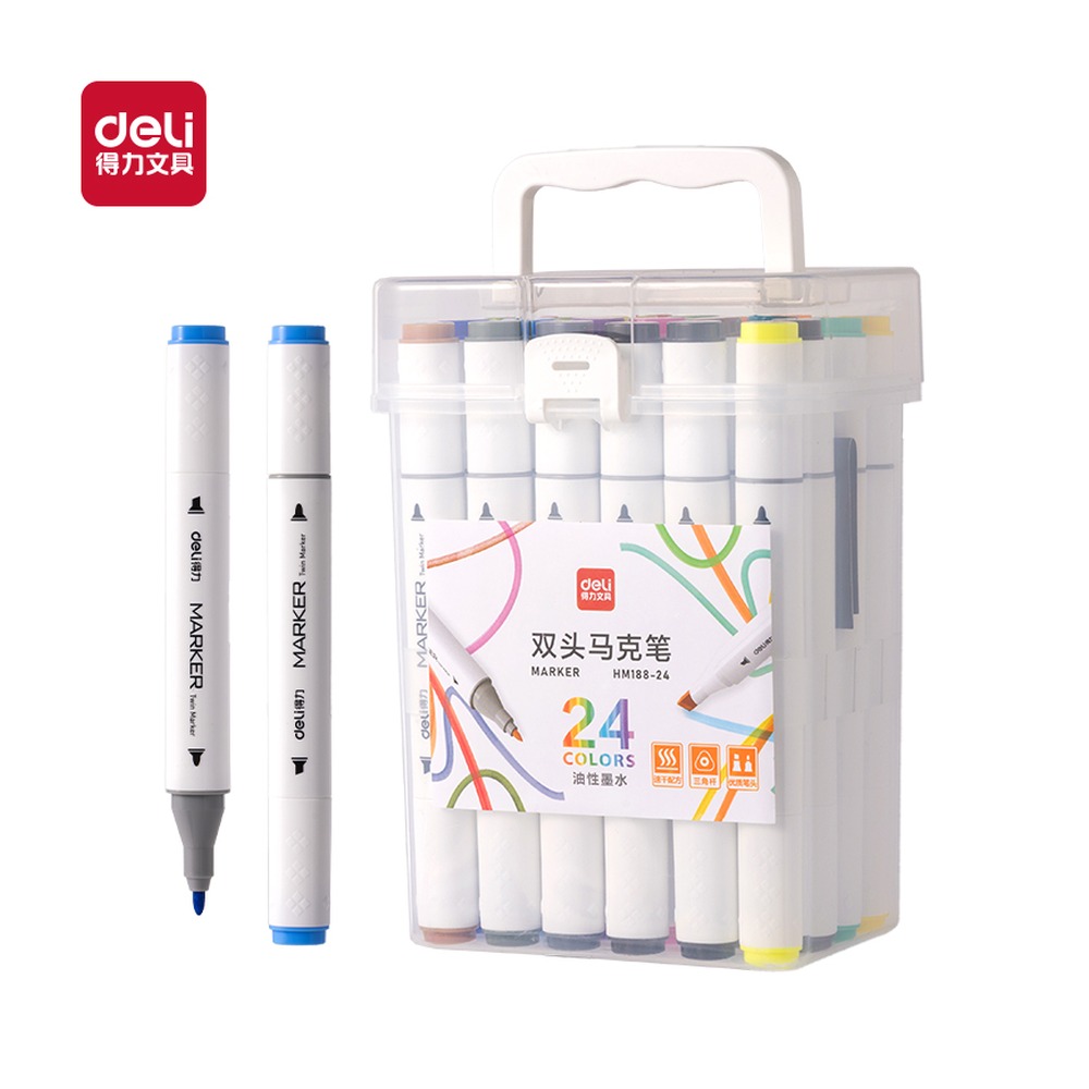 DELI/得力 筒装粗三角杆双头马克笔 HM188-24 规格:(175"140"160) mm 下 7 iN 2 4；颜色:混；材质:PP；包装:24色/筒；结构:粗三角杆、双头 单位:筒