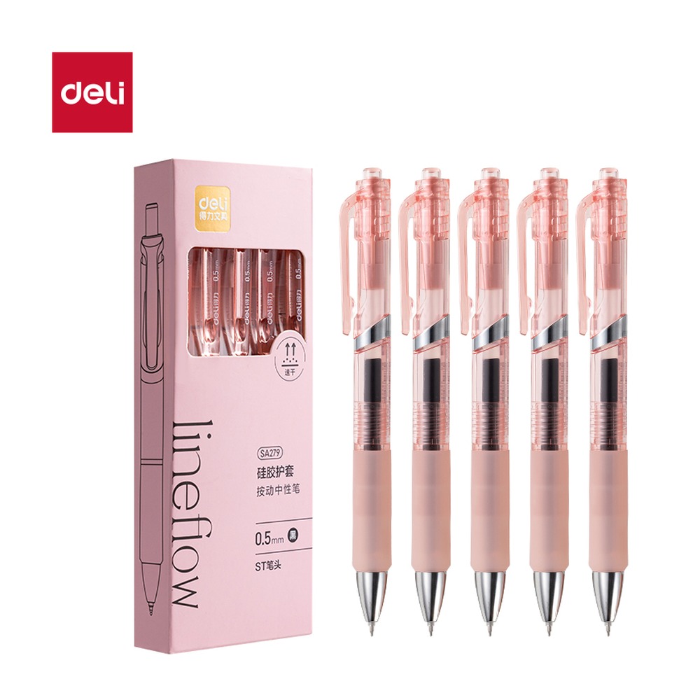 DELI/得力 速干按动常规中性笔 SA279 颜色:黑；尺寸:0.5mm；包装:5支/盒；笔芯规格:0.5mmST头 单位:盒