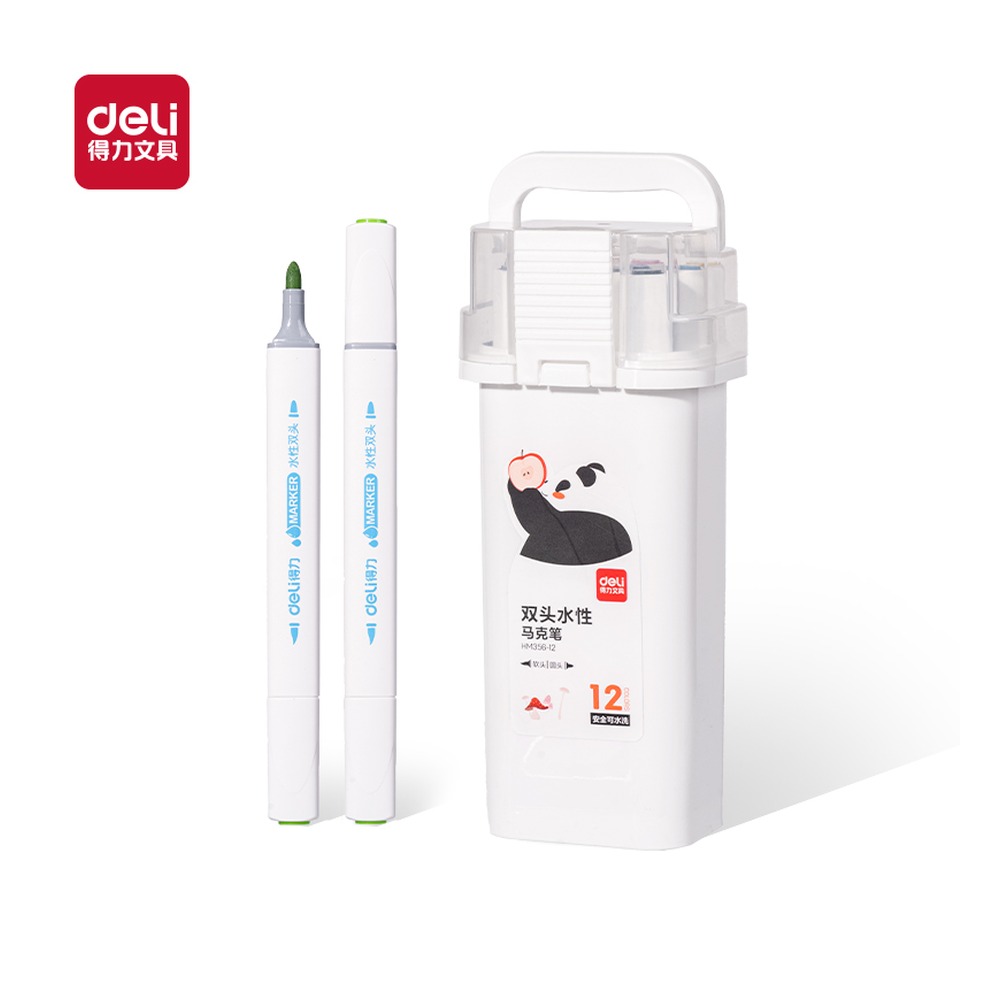 DELI/得力 筒装细三角杆软头水性马克笔 HM356-12 规格:(170*132*111) mm = ge；颜色:混；材质:PP；包装:12色/筒；结构:细三角杆软头 单位:筒