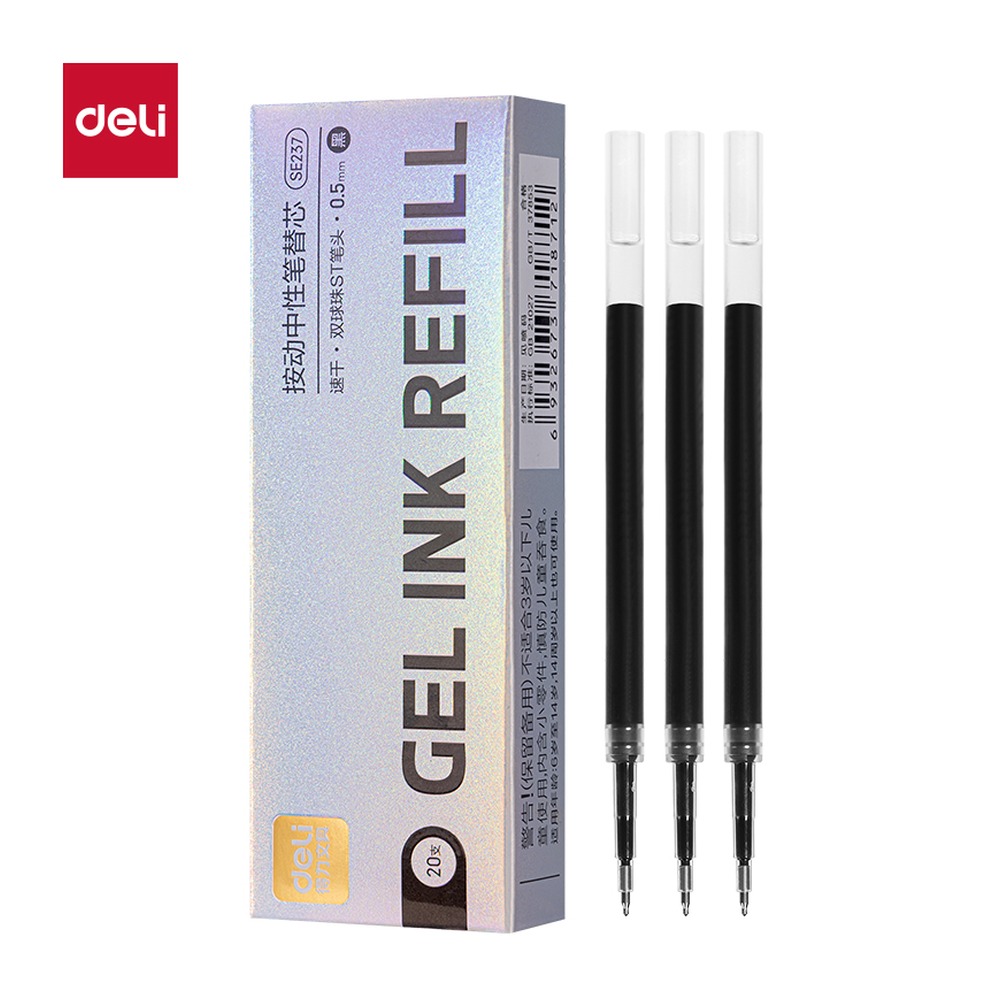 DELI/得力 速干按动笔芯 SE237 颜色:黑；尺寸:0.5mm；包装:20支/盒；笔芯规格:0.5mm双珠ST头 单位:盒