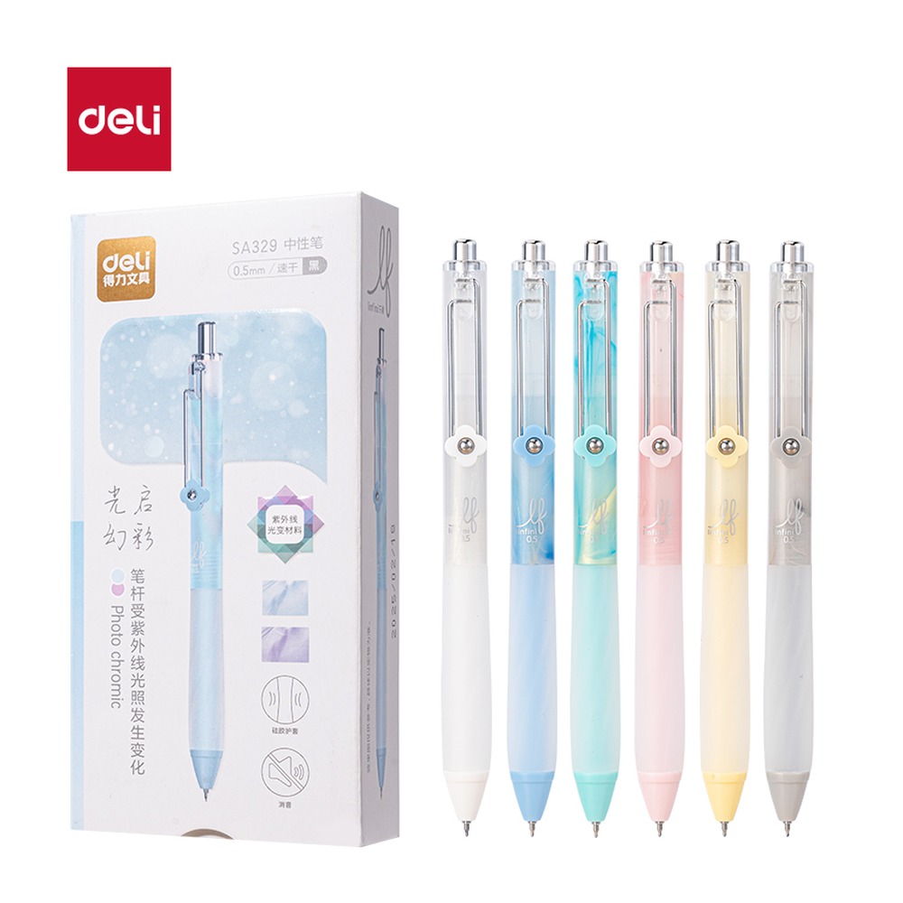 DELI/得力 乐素光启幻彩解压速干按动中性笔 SA329 颜色:黑；尺寸:0.5mm；笔芯规格:0.5mmST头 单位:支