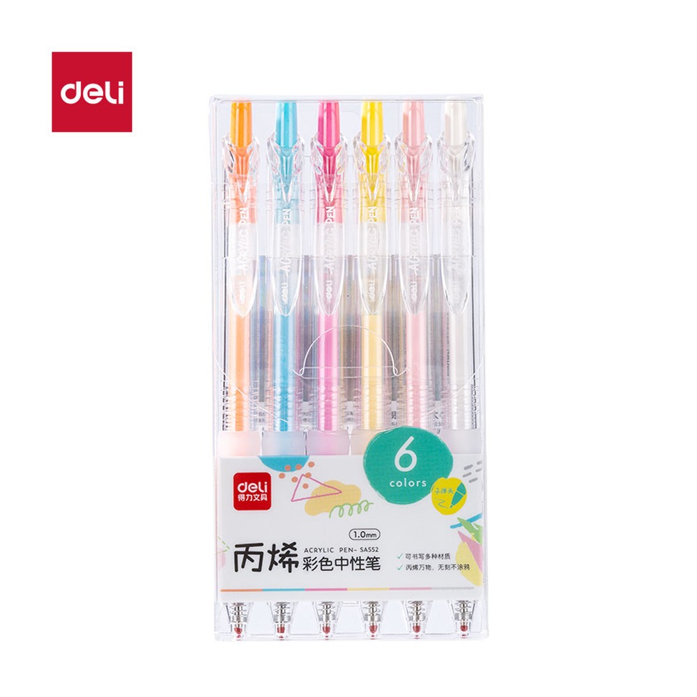 DELI/得力 丙烯彩色中性笔按动子弹头早春粉彩色系 SA552 颜色:混；尺寸:1.0mm；包装:6支/盒；笔芯规格:1.0mm 单位:盒