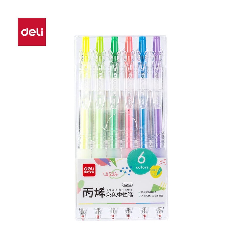 DELI/得力 丙烯彩色中性笔按动子弹头骄阳艳彩色系 SA553 颜色:混；尺寸:1.0mm；包装:6支/盒；笔芯规格:1.0mm,按动子弹头 单位:盒