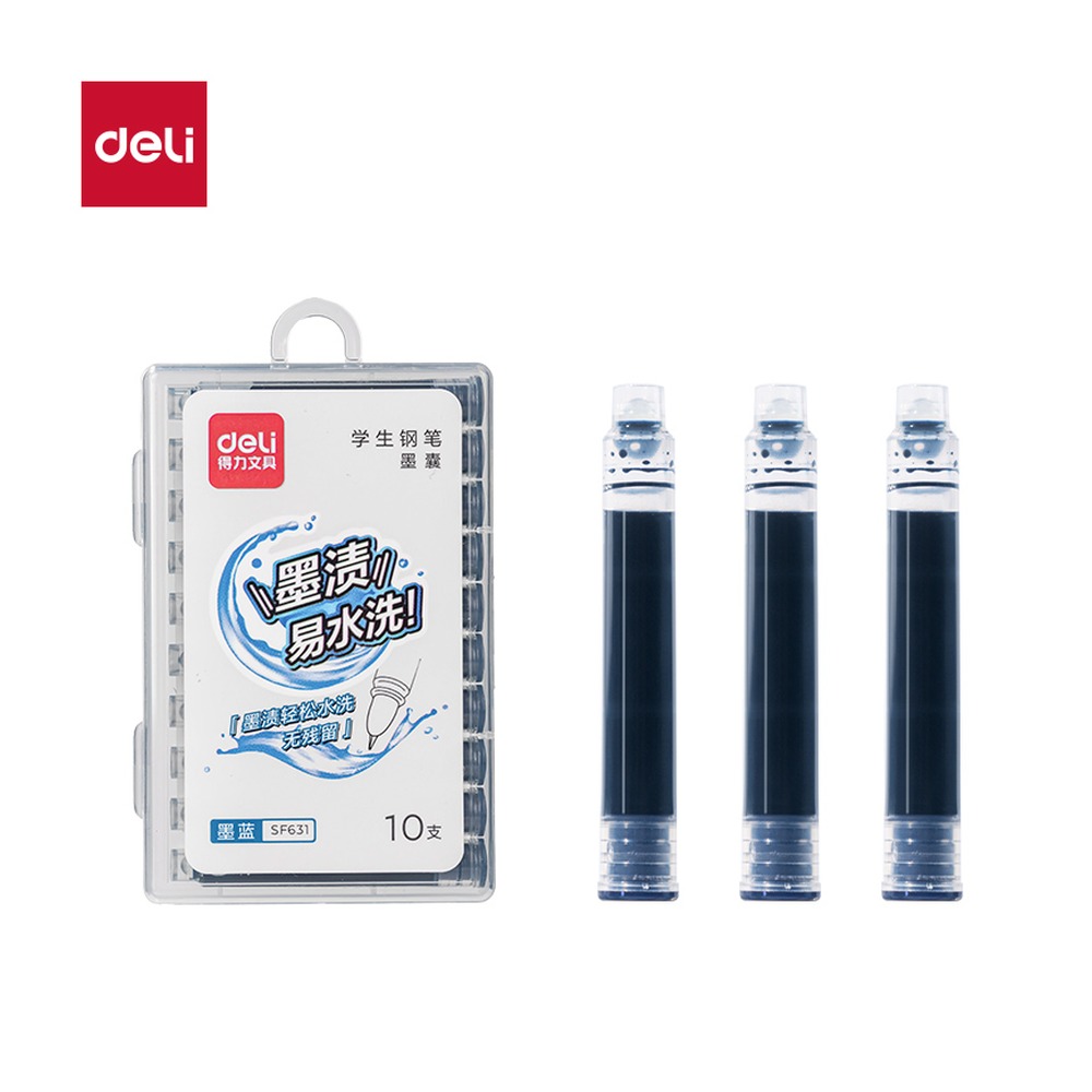 DELI/得力 易水洗学生钢笔墨囊 SF631 颜色:墨蓝；包装:10支/盒 单位:盒