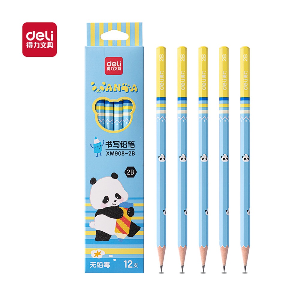 DELI/得力 熊猫主题六角杆书写铅笔2B XM908-2B 颜色:混；包装:12支/盒；其他:2B 单位:盒