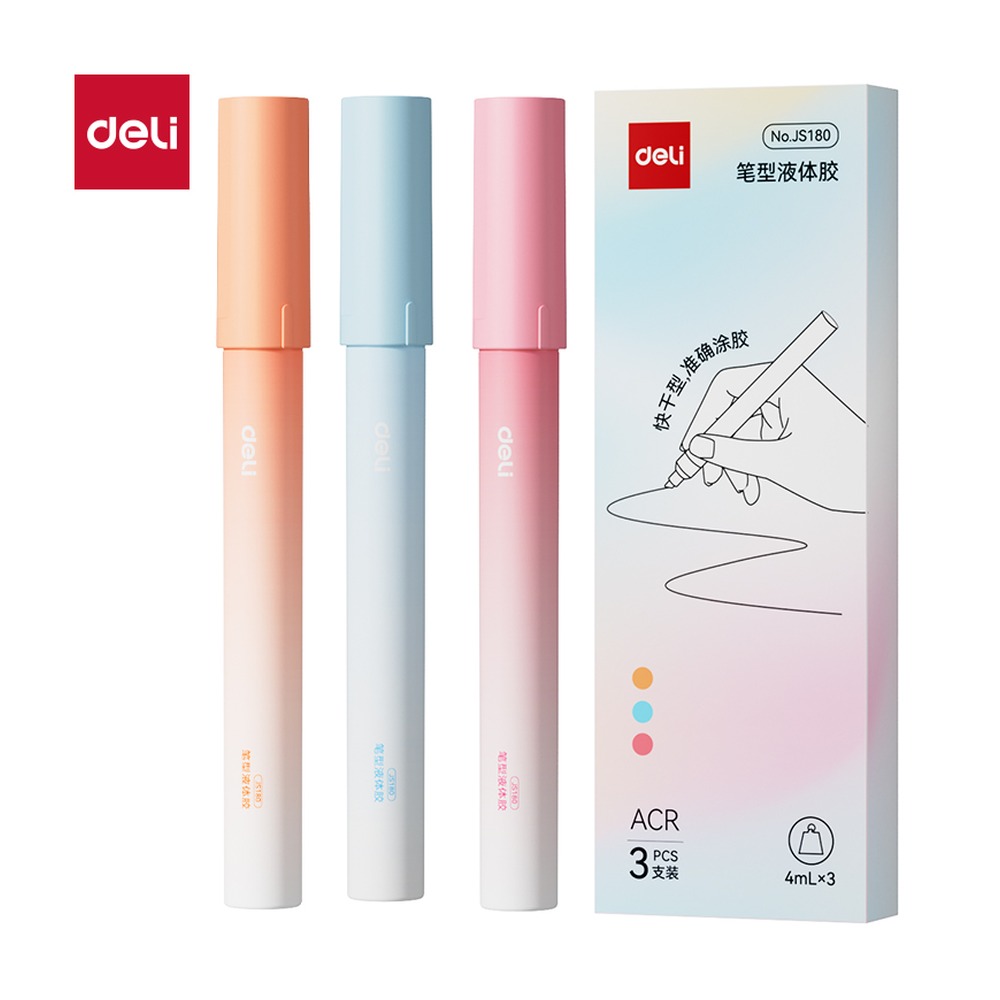 DELI/得力 笔型液体胶ACR JS180 颜色:混；尺寸:4m；容量:4ml；包装:3支/盒 单位:盒
