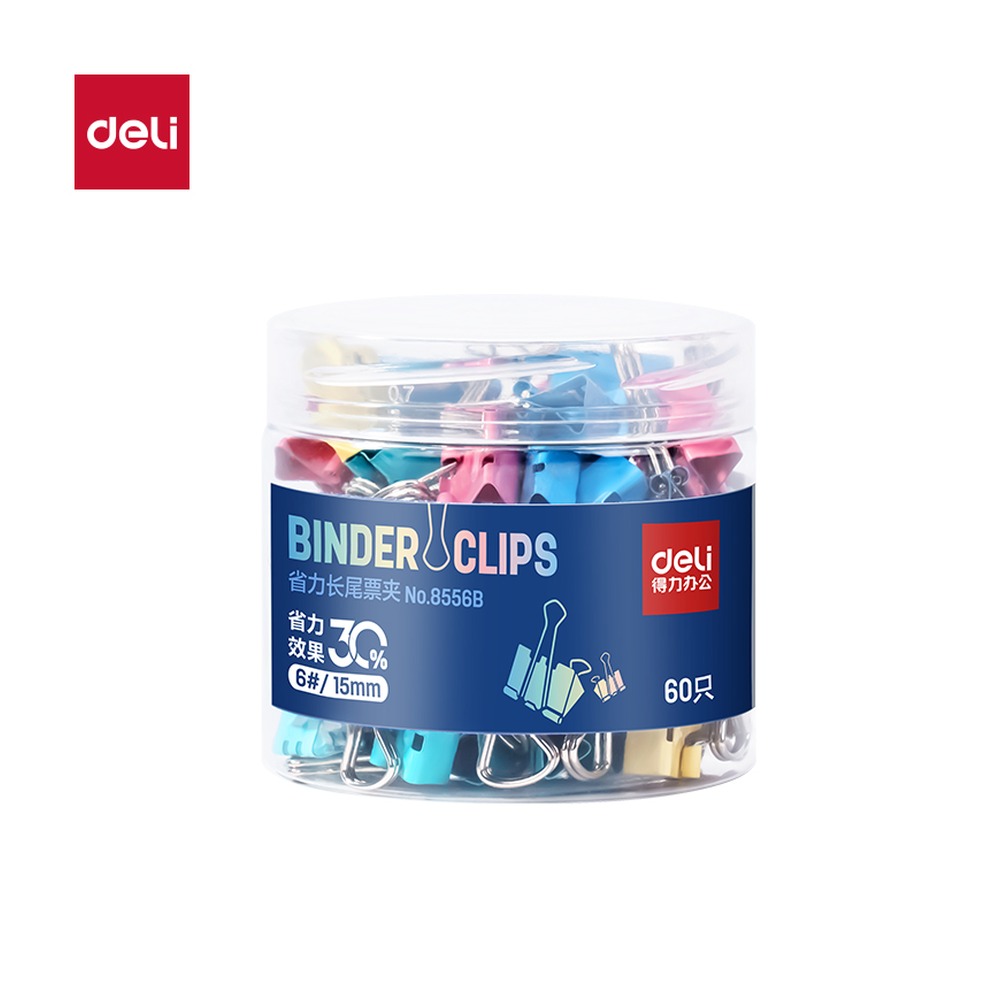 DELI/得力 省力长尾票夹6夹宽 8556B 规格:6# 60只/桶；尺寸:45mm (宽)；包装:60个/筒；笔芯规格:15MM 单位:筒
