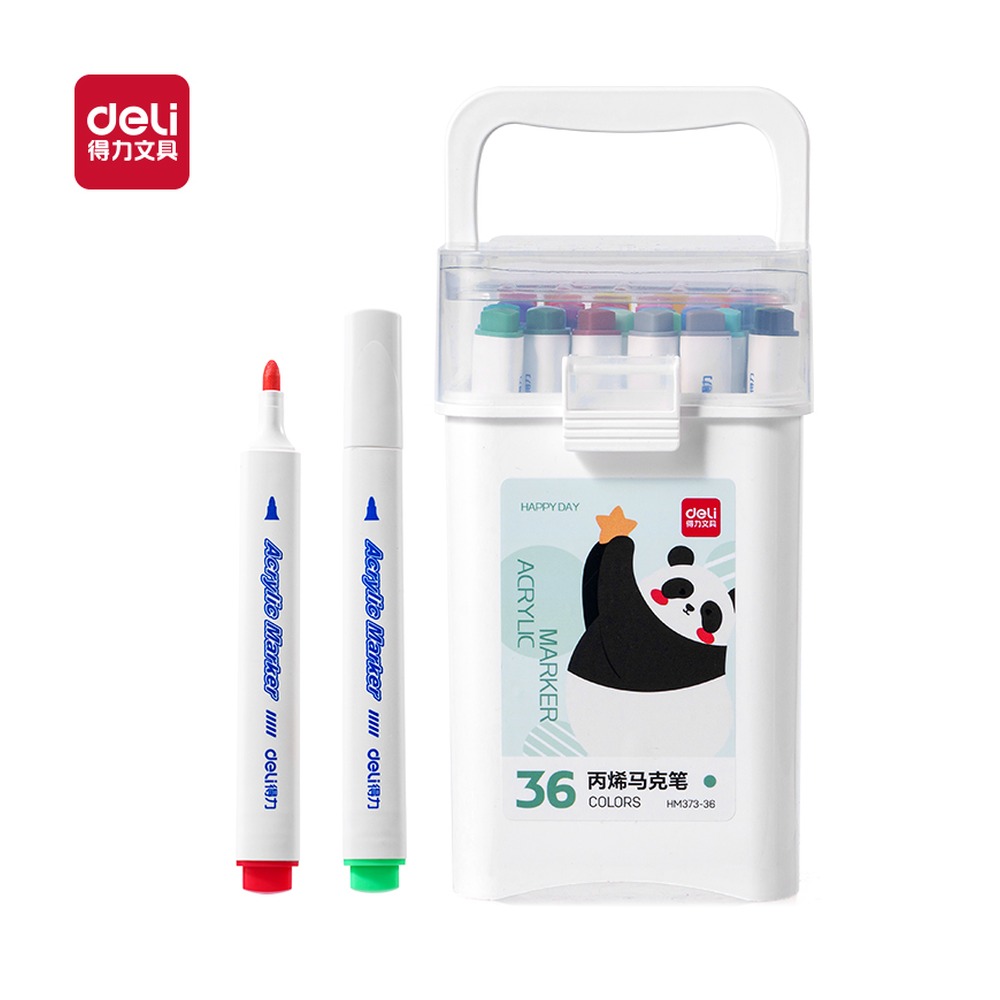 DELI/得力 筒装三角杆丙烯马克笔 HM373-36 规格:(180*115*17Omm | 2；颜色:混；材质:PP；包装:36色/筒；结构:三角杆 单位:筒