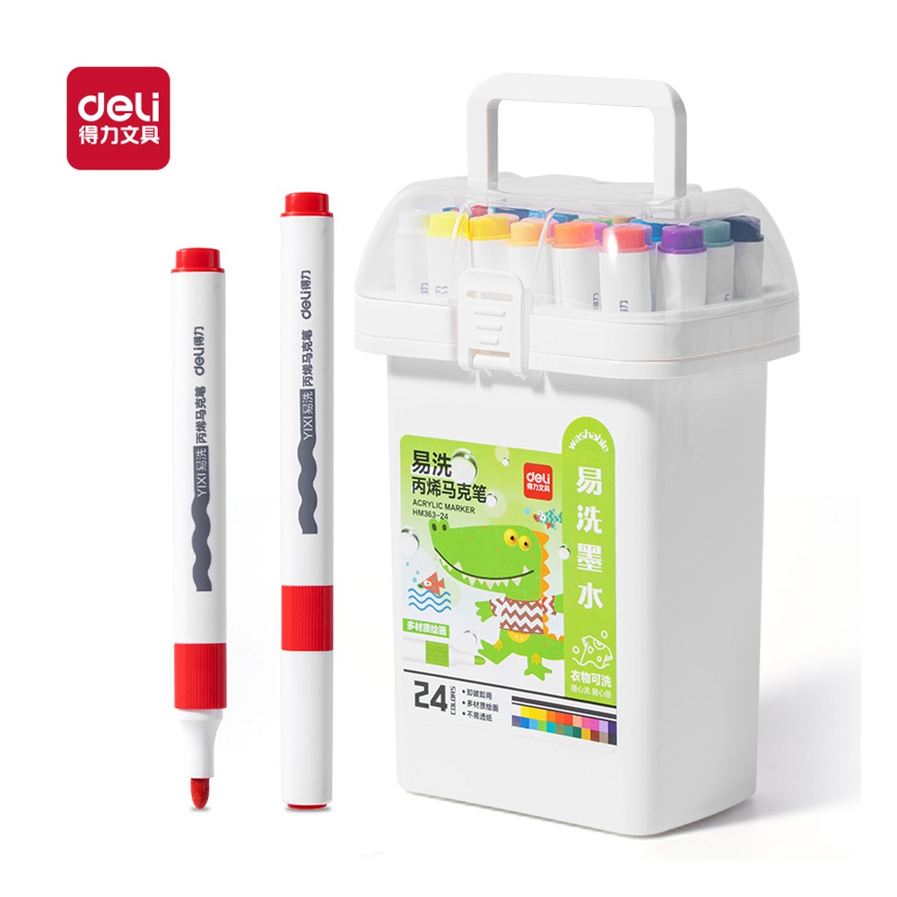 DELI/得力 筒装三角杆易洗丙烯马克笔 HM363-24 材质:PP；包装:24色/筒；结构:三角杆 单位:筒
