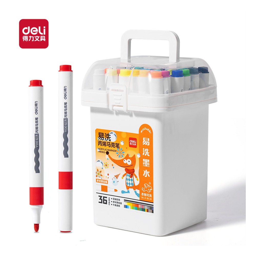 DELI/得力 筒装三角杆易洗丙烯马克笔 HM363-36 材质:PP；包装:36色/筒；结构:三角杆 单位:筒