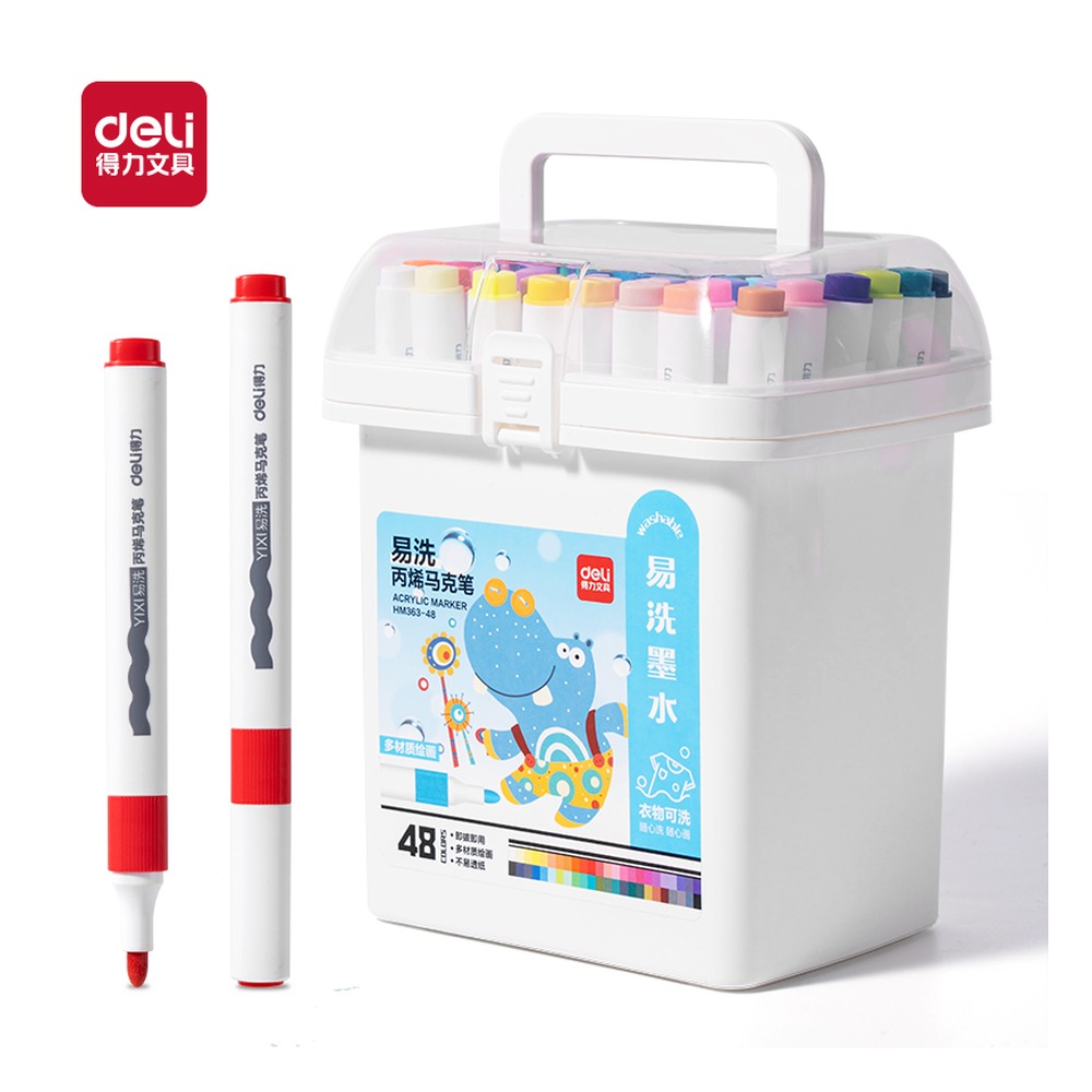 DELI/得力 筒装三角杆易洗丙烯马克笔 HM363-48 材质:PP；包装:48色/筒；结构:三角杆 单位:筒