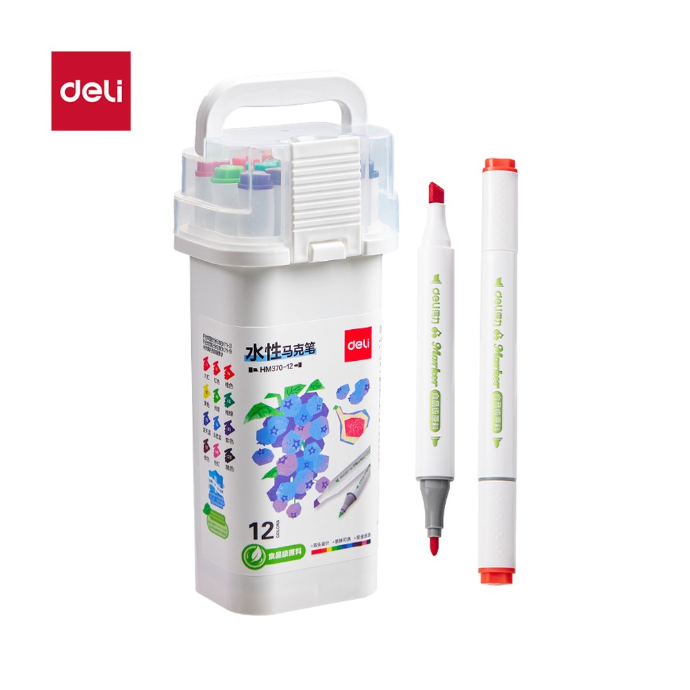 DELI/得力 筒装细三角杆食品级水性马克笔 HM370-12 颜色:混；材质:PP；尺寸:(104*111*170)mm；包装:12色/筒 单位:筒