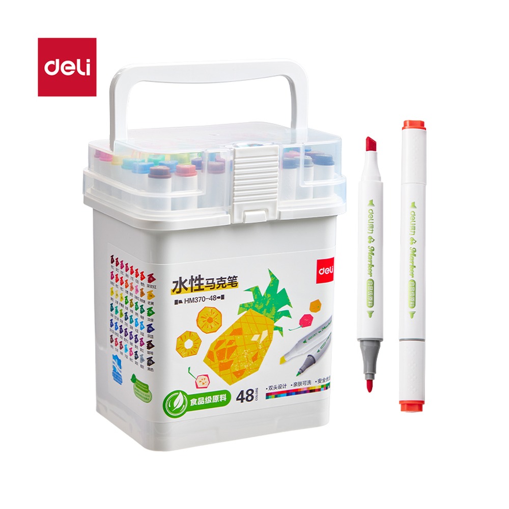 DELI/得力 筒装细三角杆食品级水性马克笔 HM370-48 颜色:混；材质:PP；尺寸:(104*111*170)mm；包装:48色/筒 单位:筒