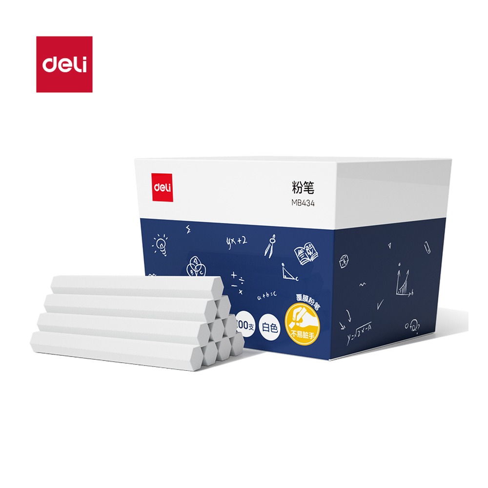 DELI/得力 覆膜粉笔 MB434 颜色:白色；尺寸:74mm；包装:100支/盒；笔芯规格:74mm 单位:盒