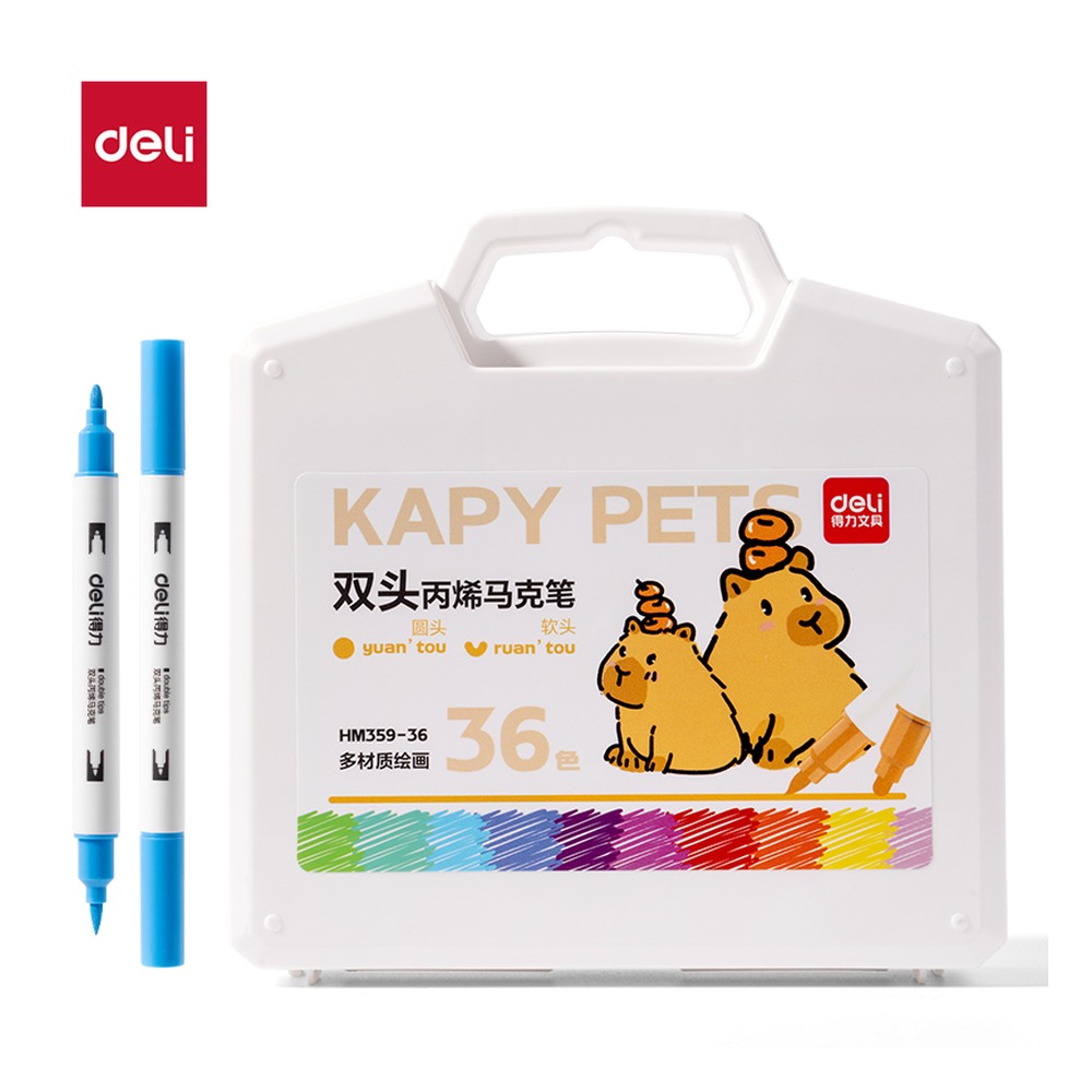 DELI/得力 双头圆杆丙烯马克笔 HM359-36 规格:(317*271*205)mm Fp See；颜色:混；材质:PP；包装:36色/盒；结构:双头圆杆 单位:盒