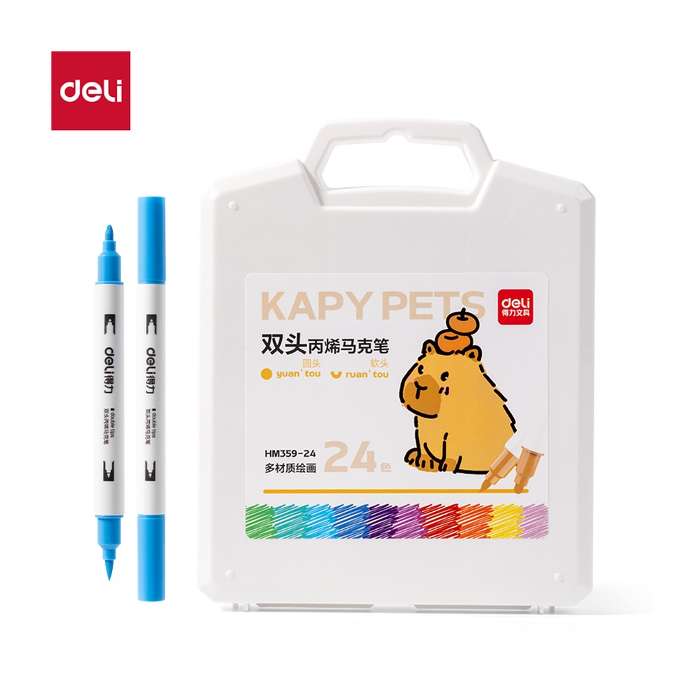 DELI/得力 双头圆杆丙烯马克笔 HM359-24 规格:(317*271*205)mm Fp See；颜色:混；材质:PP；包装:24色/盒；结构:双头圆杆 单位:盒