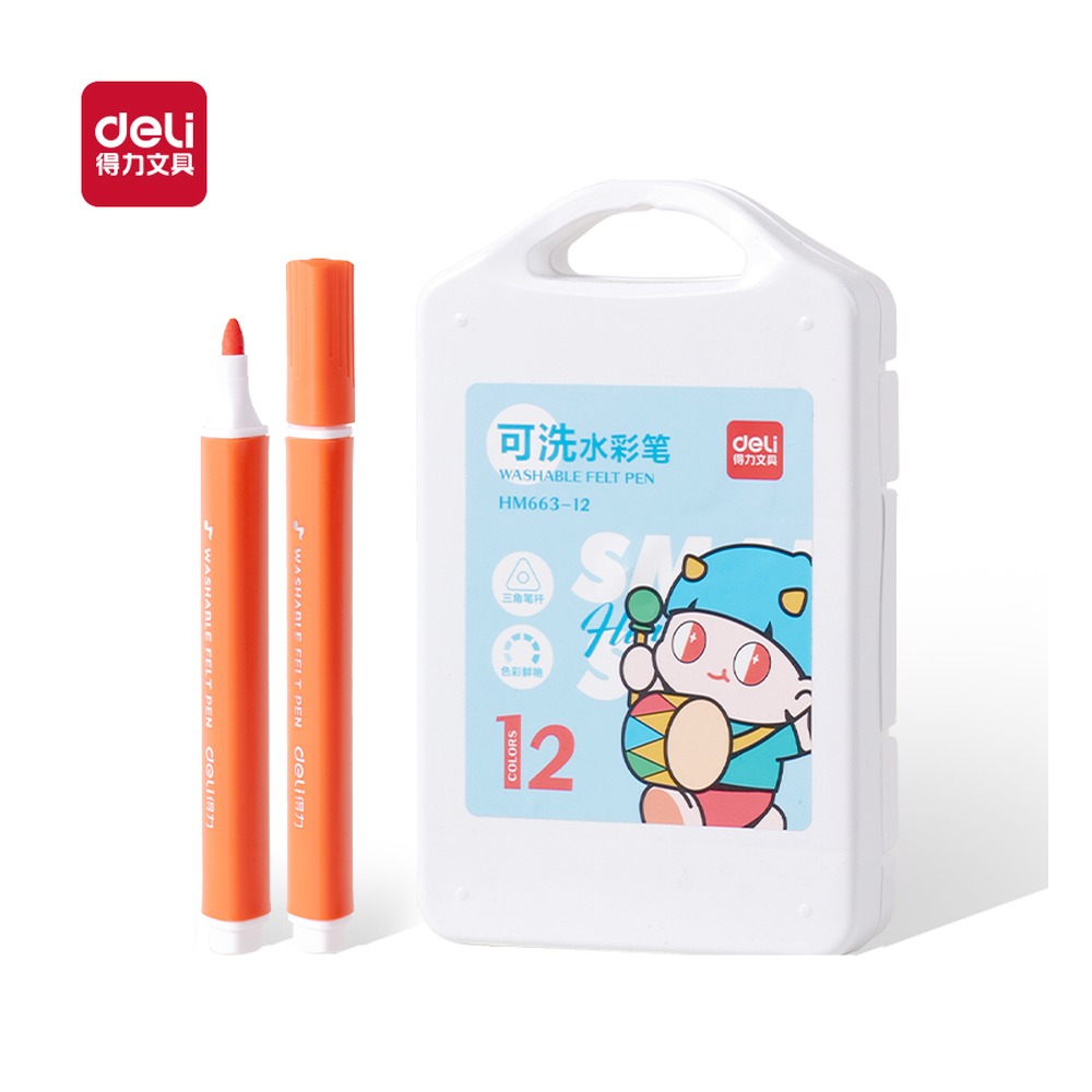 DELI/得力 三角杆可洗水彩笔 HM663-12 规格:(270*220*30) mm；颜色:混；材质:PP；包装:12色/盒 单位:盒