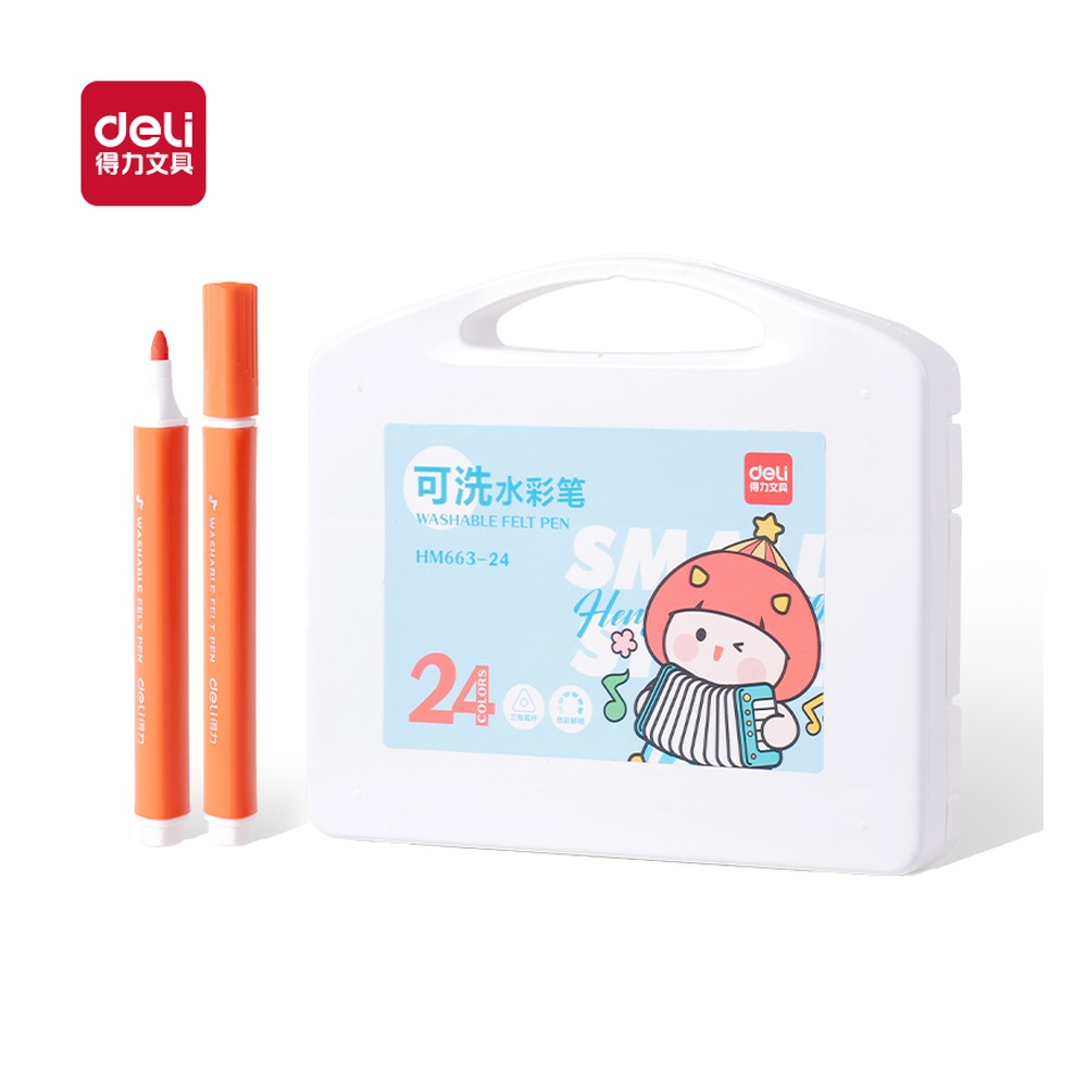 DELI/得力 三角杆可洗水彩笔 HM663-36 规格:(270*220*30) mm；颜色:混；材质:PP；包装:36色/盒 单位:盒