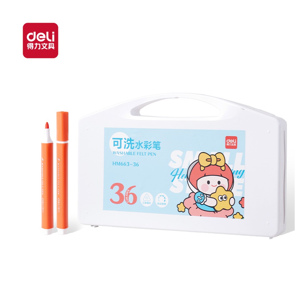 DELI/得力 三角杆可洗水彩笔 HM663-48 规格:(270*220*30) mm；颜色:混；材质:PP；包装:48色/盒 单位:盒