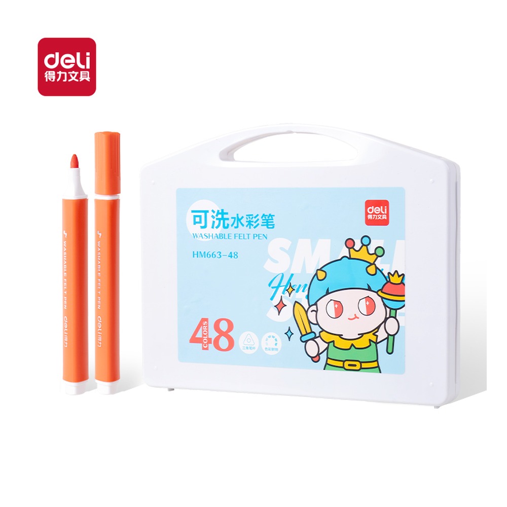 DELI/得力 三角杆可洗水彩笔 HM663-24 规格:(270*220*30) mm；颜色:混；材质:PP；包装:24色/盒 单位:盒