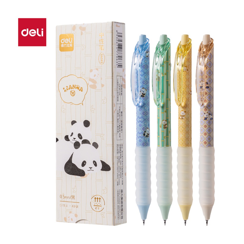 DELI/得力 熊猫秒干按动中性笔 SA392 颜色:黑；尺寸:0.5mm；包装:4支/盒；笔芯规格:0.5mm ST头 单位:盒
