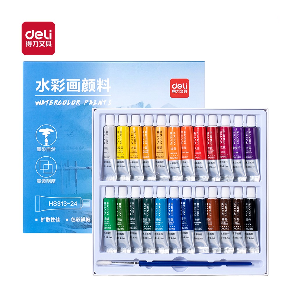 DELI/得力 水彩画颜料 HS313-24 颜色:混色；尺寸:5m；容量:5ml；包装:24色/盒 单位:盒