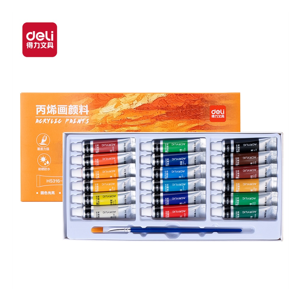 DELI/得力 丙烯画颜料 HS316-18 颜色:混色；尺寸:5m；容量:5ml；包装:18色/盒 单位:盒