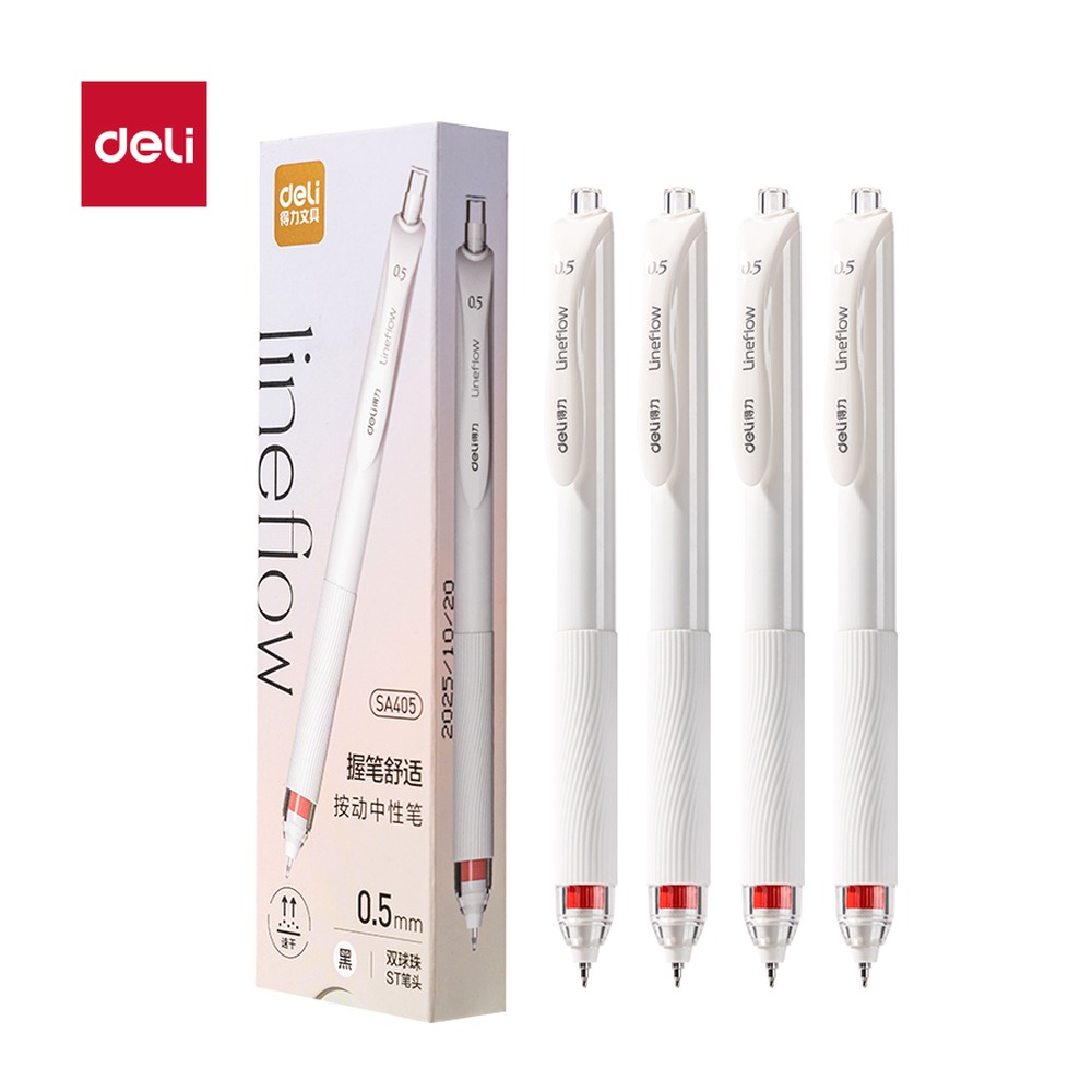 DELI/得力 速干按动常规中性笔 SA405 颜色:黑；尺寸:0.5mm；包装:4支/盒；笔芯规格:0.5mm 单位:盒