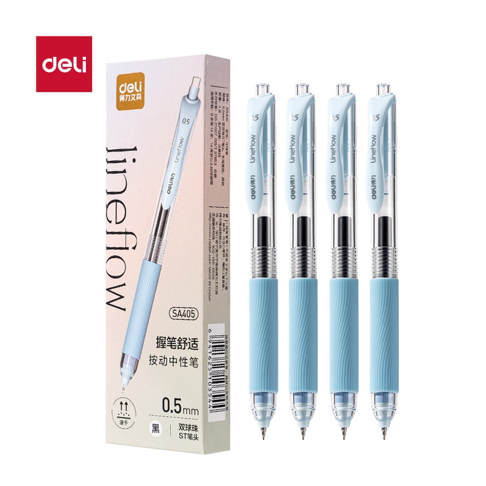 DELI/得力 速干按动常规中性笔 SA405 颜色:黑；尺寸:0.5mm；包装:4支/盒；笔芯规格:0.5mm 单位:盒