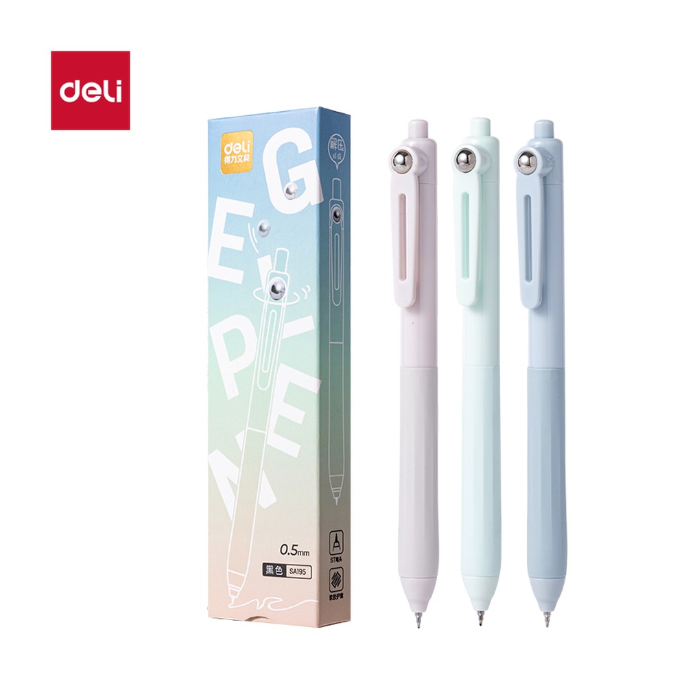 DELI/得力 钢珠解压速干按动中性笔 SA195 颜色:黑；尺寸:0.5mm；包装:3支/盒；笔芯规格:0.5mmST笔头 单位:盒
