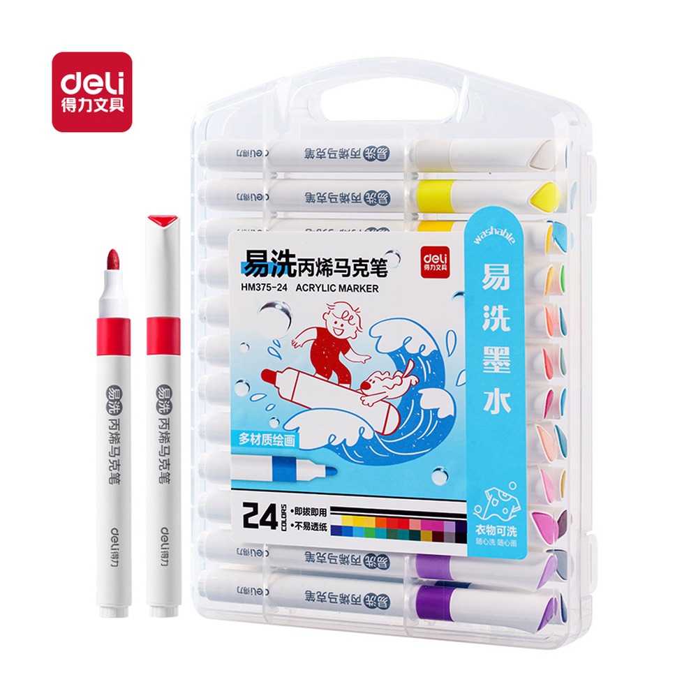 DELI/得力 易洗圆杆丙烯马克笔 HM375-24 规格:(298*254.31) mm | | = —；颜色:混；材质:PP；包装:24色/盒 单位:盒