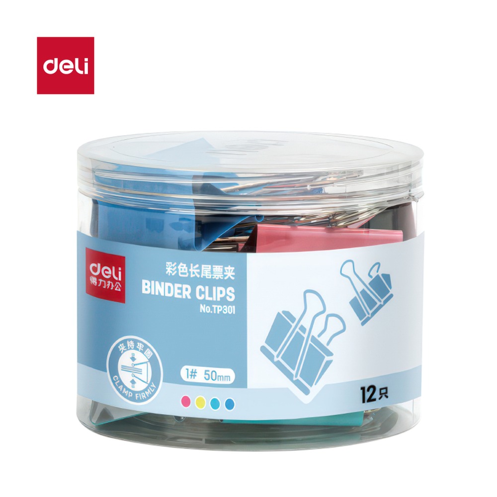 DELI/得力 经济型彩色长尾票夹1夹宽 TP301 颜色:混；尺寸:50MM；包装:12个/筒；笔芯规格:50MM 单位:筒