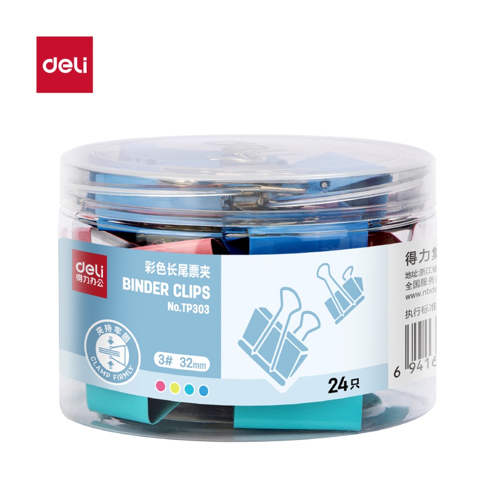 DELI/得力 经济型彩色长尾票夹3夹宽 TP303 颜色:混；尺寸:32MM；包装:24个/筒；笔芯规格:32MM 单位:筒