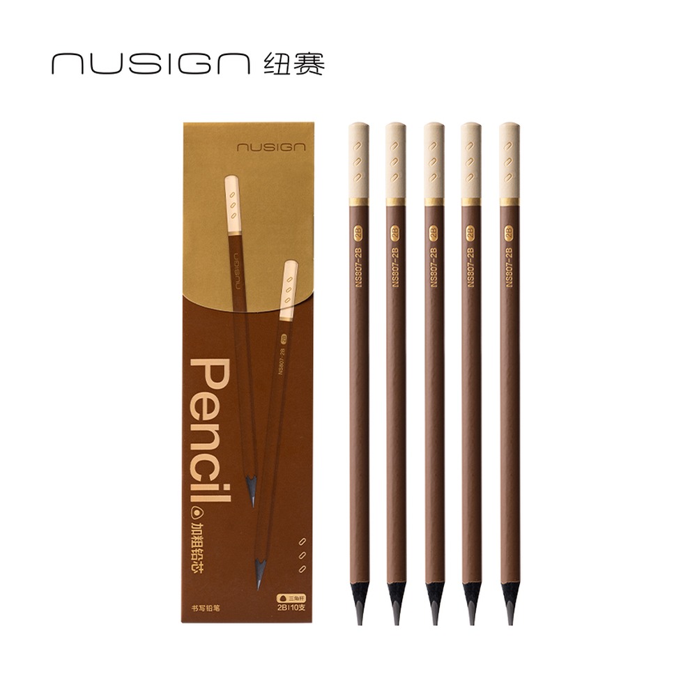 DELI/得力 三角杆纽赛铅笔2B NS807-2B 材质:黑木笔杆+石墨铅芯；尺寸:72mmx175mm (单支)；包装:10支/盒；其他:2B；结构:三角杆 单位:盒