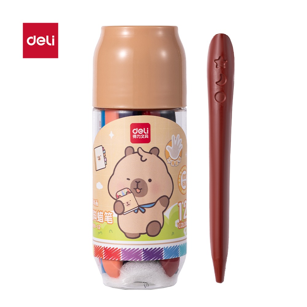 DELI/得力 三角杆塑料蜡笔 BL909-12 颜色:混；材质:塑料；包装:12色/桶 单位:桶