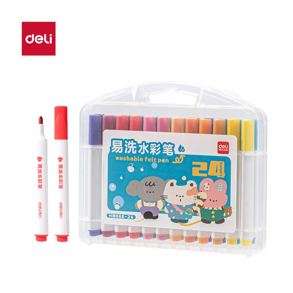 DELI/得力 三角杆易洗水彩笔 HM668-24 颜色:混；材质:PP；包装:24色/盒 单位:盒