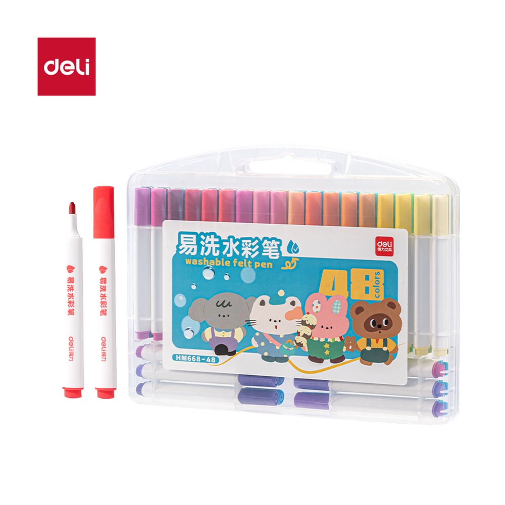 DELI/得力 三角杆易洗水彩笔 HM668-48 颜色:混；材质:PP；包装:48色/盒 单位:盒