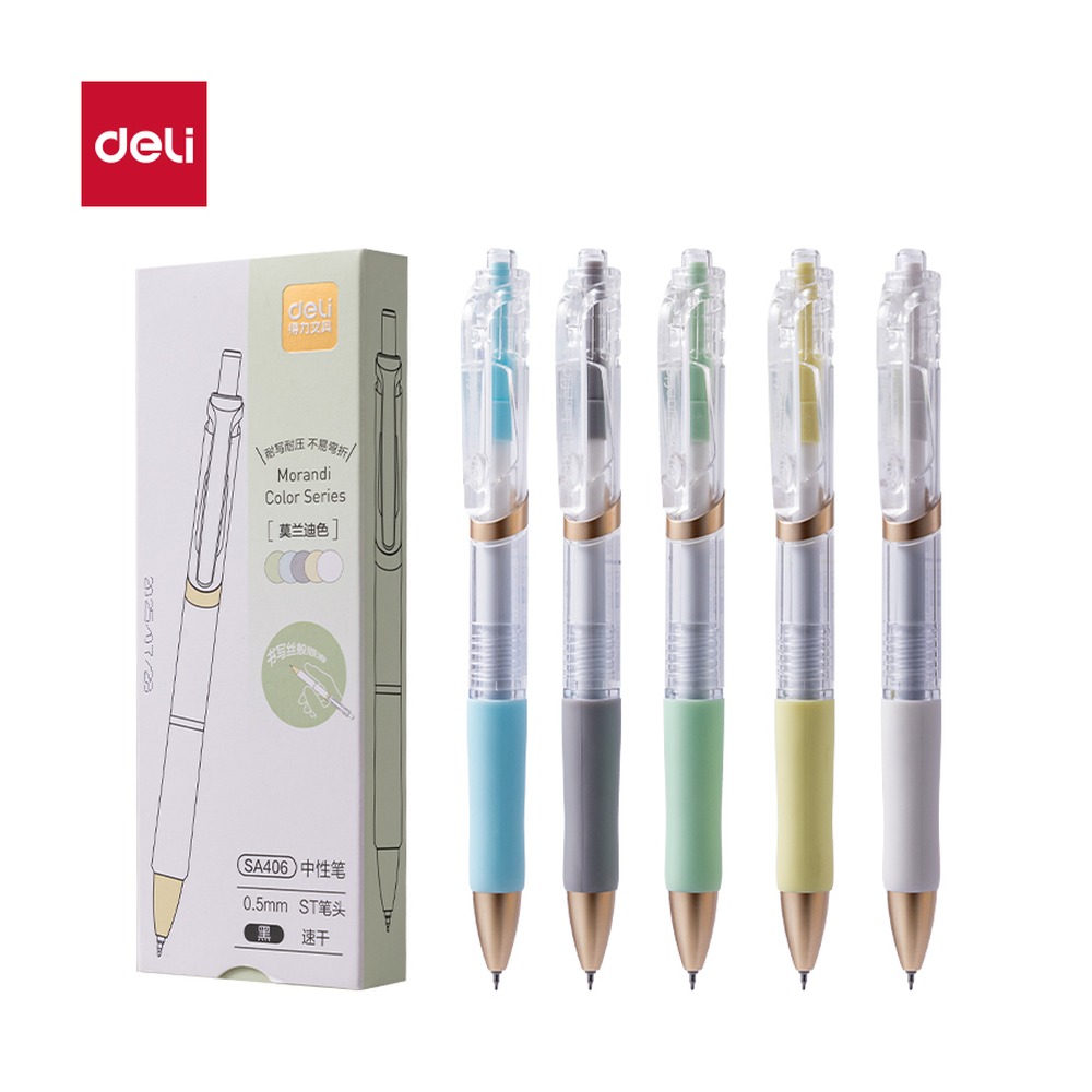 DELI/得力 速干顺滑按动中性笔 SA406 颜色:黑；尺寸:0.5mm；包装:5支/盒；笔芯规格:0.5mm双球珠ST笔头 单位:盒