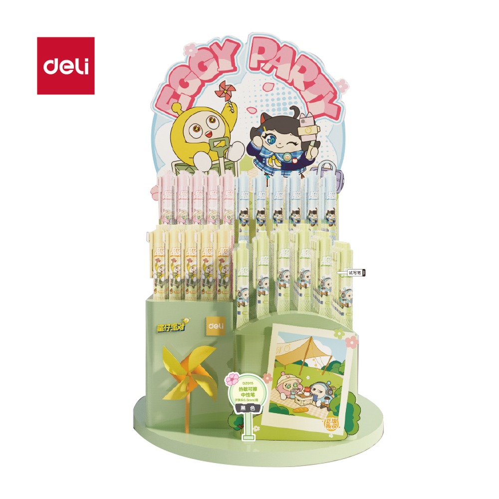 DELI/得力 蛋仔派对按动可擦中性笔展架 DZ016 颜色:黑；尺寸:0.5mm；包装:96支/架；笔芯规格:0.5mm子弹头 单位:套