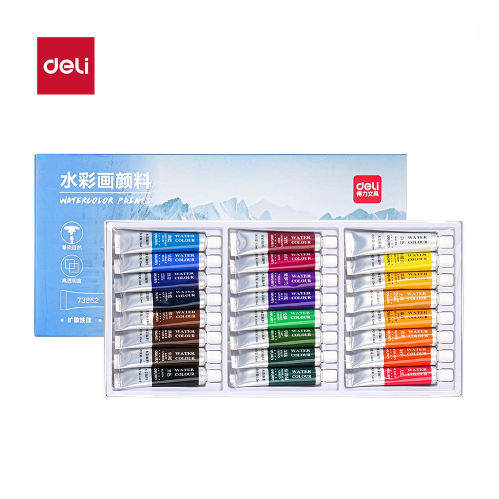 DELI/得力 水彩画新抽拉盒颜料 73852 颜色:混；尺寸:12m；容量:12ml；包装:24色/盒 单位:盒