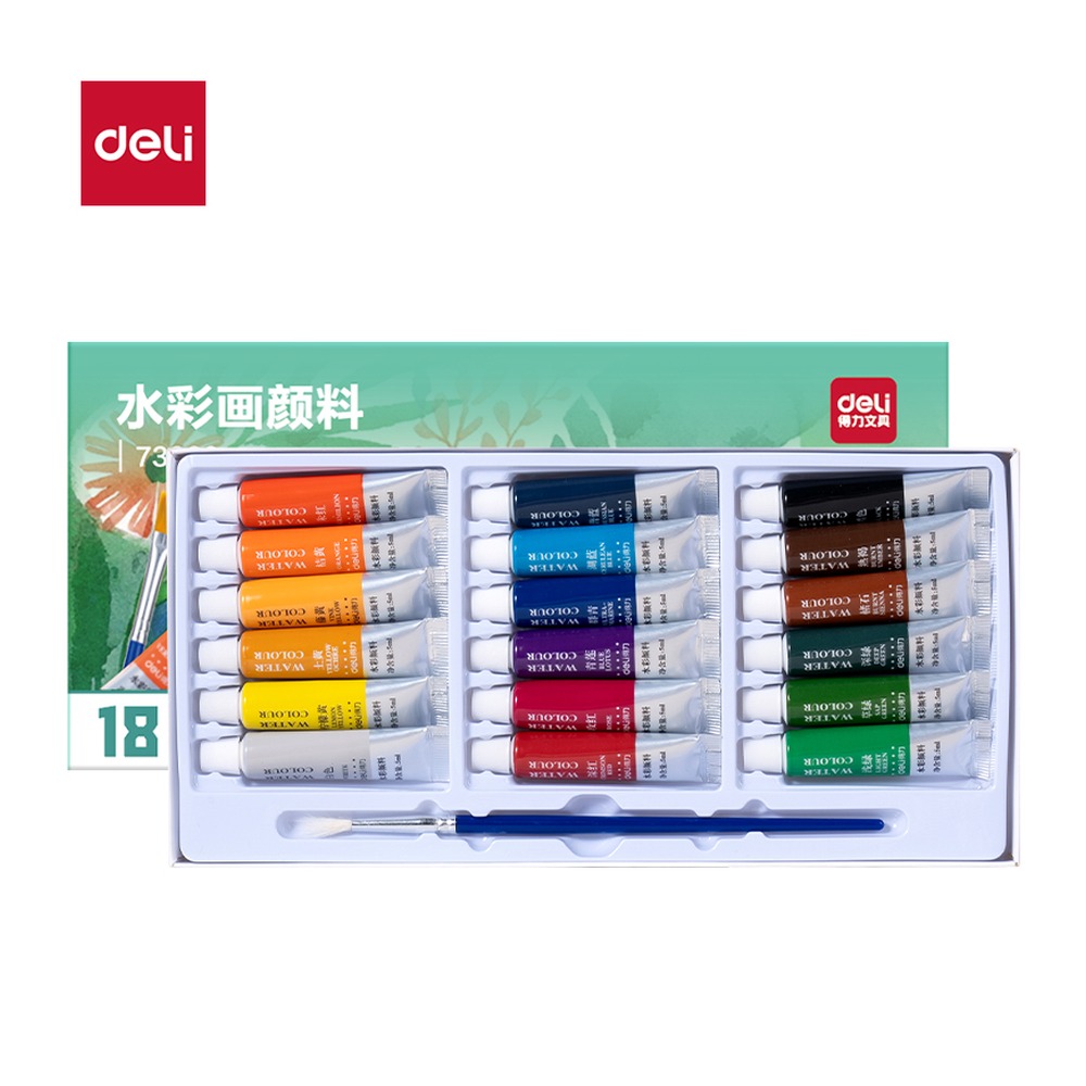 DELI/得力 水彩画新抽拉盒颜料 73860 颜色:混；尺寸:5m；容量:5ml；包装:18色/盒 单位:盒