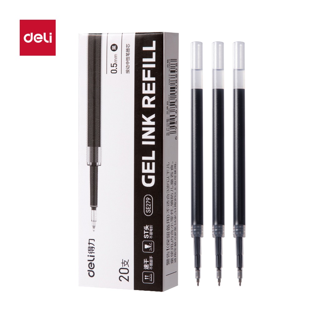 DELI/得力 速干按动中性笔替芯 SE279 颜色:黑；尺寸:0.5mm；包装:20支/盒；笔芯规格:0.5mmST笔头 单位:盒